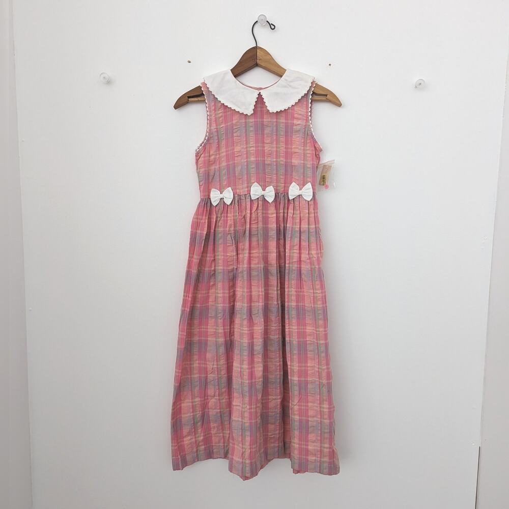 Vintage Copper Key Dress Girls Size 12 Pink Plaid Seersucker Sundress Bow